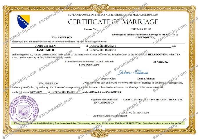 Bosnia & Herzegovina marriage certificate